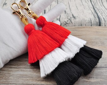 Three layered Cotton Tassel With Keychain，1-100Pcs Ombre Red/White/Black Tassel,Wholesale Tassels,Tiered Tassels, Bag Tassels，Craft Tassel