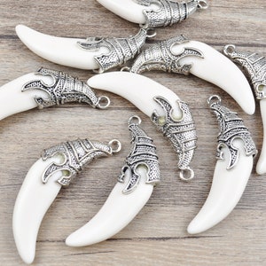 1-10Pcs Antique Silver Color Ox Horn Head Resin Tooth, Acrylic ivory sharp animal teeth Pendant,Elephant tooth Charm,Acrylic tooth supply