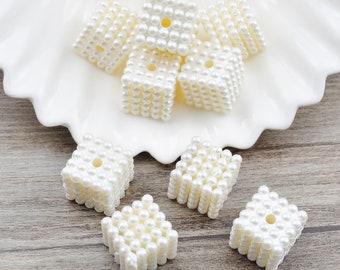 50Pcs 16mm Plastic Acrylic Square Beads , White Pearly Pearl Square Beads，Cubic Beads，Square Pendants,DIY,Bead Crafts