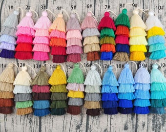 Five layered Cotton Tassel With Loop，2-100Pcs Ombre Tote Tassel,Wholesale Tassels,Tiered Tassels, Bag Tag Tassel，Craft Tassel,20 Colors