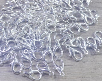50 eller 100 st. BULK 8 x 16 mm försilvrade hummerspännen, hummerspännen i legering, klospännen, grossistspänne för halsband/armband