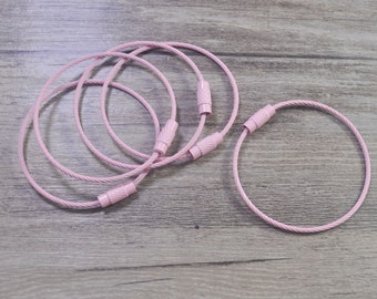 15pcs Light Pink Coated Stainless Steel Rope Wire Holder, Wire Keychain,Key Chain Cable Ring, Tag Holder, Camping Gear, Screw Locking