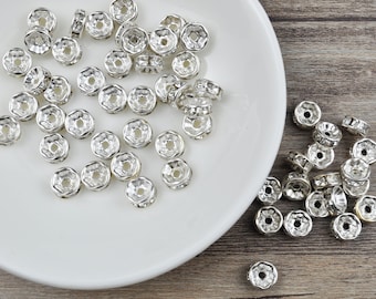 50Pcs Rondelle Spacer Beads，8mm Silver Color Rhinestone Rondelle Crystal Loose Round Spacer Metal Beads for DIY Beading Jewelry Making