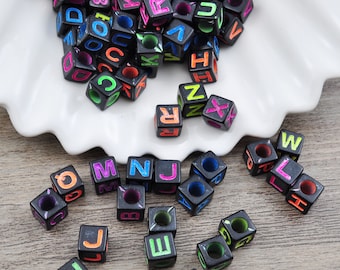 100 Perles Acryliques Cubes 6mm Lettres A-Z Noir Et Blanc - Pour Création Bijoux