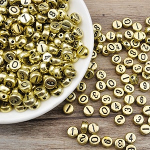 Conjunto de 300 peças, contas de números pretos, contas de acrílico ou resina de número redondo dourado de 7 mm, contas de números mistos para colar, pulseira, joias faça você mesmo