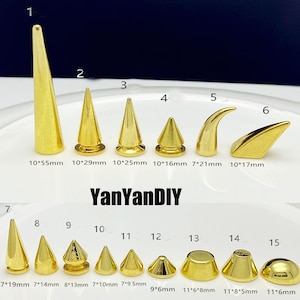 May include: Fifteen gold-colored metal pyramid studs of various sizes. The studs are arranged in two rows. The first row has six studs, and the second row has nine studs. The studs are labeled with numbers 1 through 15. The measurements of each stud are listed below the studs.