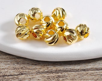 6 mm 10/50/100 pcs Perles d'espacement en laiton plaqué or véritable 18 carats, perles rondes, coupe de perles d'or, fabrication de bracelets/colliers