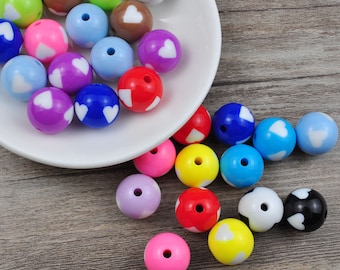 20Pcs Colorful Acrylic Heart beads，round beads，Bubblegum Heart Beads,Candy Gumball Beads,16mm  Chunky Beads，DIY Bracelet/Necklace/Pen Beads,