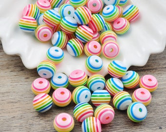 100Pcs/Pack Round Striped Resin Beads,Rainbow Striped Beads，Rainbow colours，10mm,Bead Crafts,DIY Jewellery Making