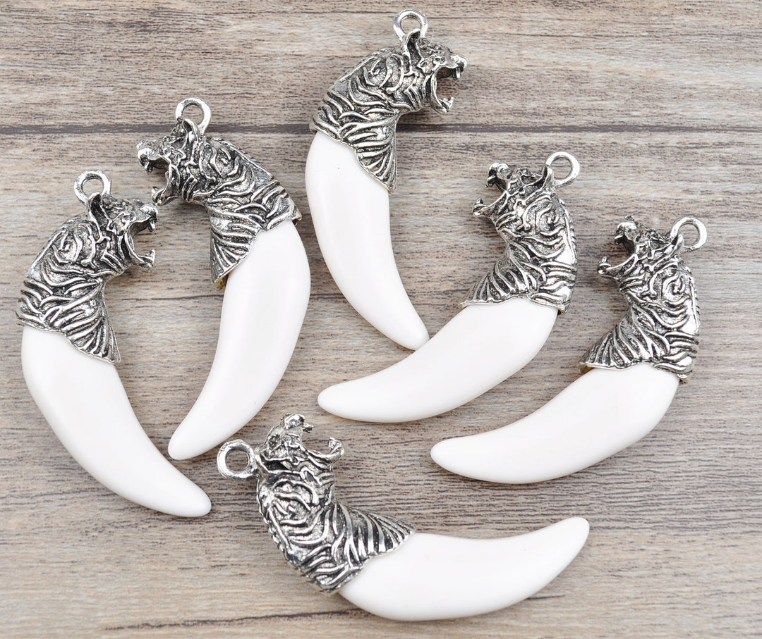 Leopard Teeth Pattern 1-10pcs Antique Silver Color Leopard Head Resin Tooth, Acrylic Ivory ...