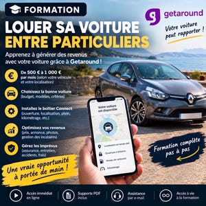 May include: A promotional graphic for Getaround car rental services featuring a dark gray hatchback car, a smartphone displaying a vehicle tracking app, and text in French including 'LOUER SA VOITURE ENTRE PARTICULIERS' and 'FORMATION'.