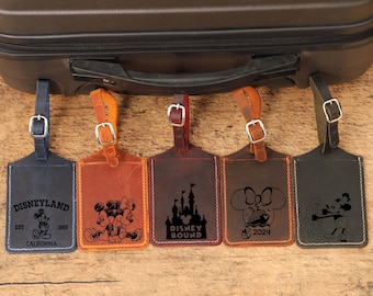 Étiquette à bagage en cuir Disney, étiquette de bagage en cuir Mickey, étiquettes de bagage de voyage Disneyland, étiquettes de bagage en cuir personnalisées Magic Kingdom