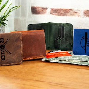 Cartera de cuero personalizada: billetera delgada plegable, billetera minimalista con grabado personalizado, tarjetero con bloqueo RFID, regalo para hombre.