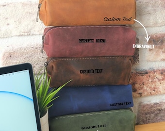 Personalized Leather Zipper Pen Case, Birthday Gift For Teacher, Customized Leather Pencil Case, Custom Office Gift, Engraved Pencil Case