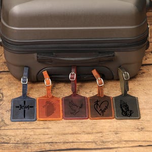 Custom Leather Luggage Tags, Cross Christian Travel Gift, Religious Luggage Tags, Christian Luggage Tags, Church Name Tags, Faith Tags