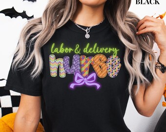 Comfort Colors Labor and Delivery Halloween Nurse Shirt, Halloween L&D Nurse TShirt, Neon Coquette LD Nurse Tee, LD Crew Shirts