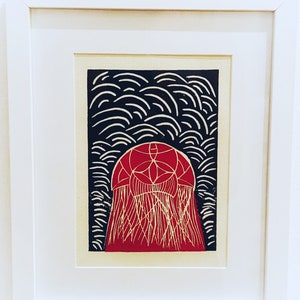 Limited linoleic print jellyfish#1 on handmade paper