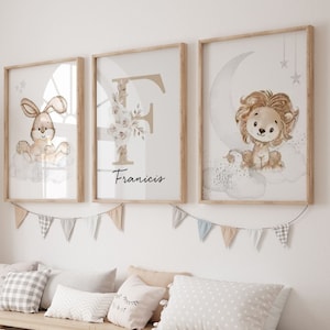 Decoración Neutra Habitación Bebé - Set 3 Pósters con Nombre - Decoración Pared Tema Nube - Regalo Nacimiento - Animales Selva