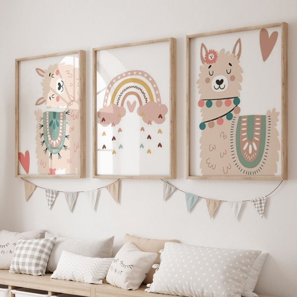 Llama Theme Children's Poster - Set of 3 Personalized Alpaca Canvases - Birth Gift - Wall Art - Baby and Child Room Decoration -