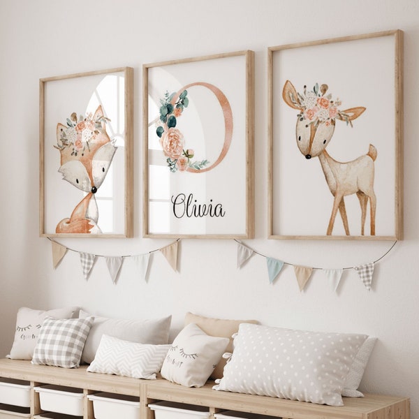 Wald-Babyzimmer-Dekoration – Set mit 3 Waldtier-Postern mit personalisiertem Vornamen – Mädchen-Blumen-Initiale – Fuchs-Poster