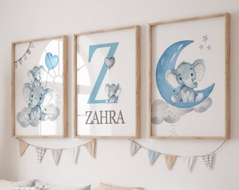 Baby and Child Room Decoration Blue Elephants - Poster with Personalized Initial and First Name - Boy or Girl Birth Gift -