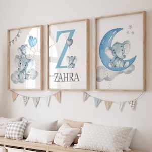 Dekoration für Baby- und Kinderzimmer, blaue Elefanten – Poster mit personalisiertem Anfangs- und Vornamen – Geschenk zur Geburt eines Jungen oder Mädchens –