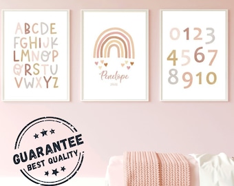 Set 3 Personalized Posters - Nordic Boho Style ABC - Terracotta Rainbow Baby Room Decoration - First Name and Date of Birth