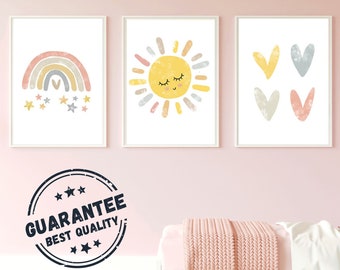 Set van 3 pastelkleurige posters - babykindmeisjeskamerdecoratie - zonwolk schilderij regenboogtekening kleurrijke harten