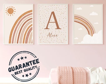 Boho Style Baby and Child Room Decoration - Set of 3 Personalized Posters - Original Birth Gift - Terracotta Rainbow Poster