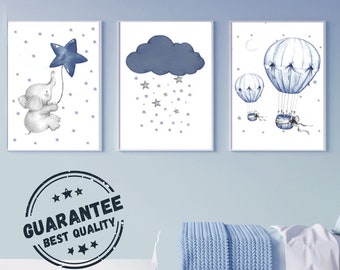 Décoration Chambre Enfant ou Bebe - Art Mural Eléphant Bleu - Set 3 Affiches pour un Cadeau de Naissance - Affiche Éléphant