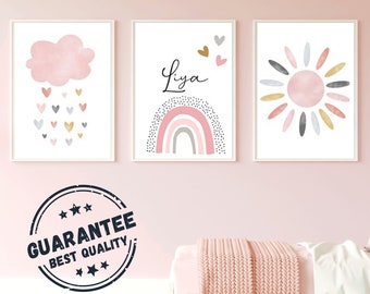 Set 3 Affiches Personnalisées Enfant - Décoration Chambre Fille - Triptyque Arc-en-ciel Nuage Terracotta Rose - Affiche Arc en Ciel