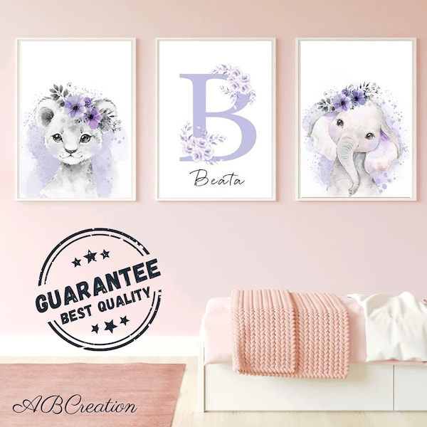 Set 3 Personalized Posters - Birth Gift - Baby Room Decoration - Purple Flowered Initial - Savanna Animals Triptych