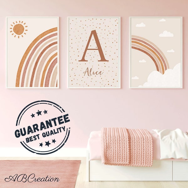 Décoration Chambre Bébé et Enfant Style Boho - Set 3 Affiches Personnalisées - Cadeau Naissance Original - Affiche Arc-en-ciel Terracotta