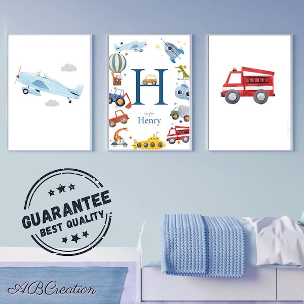 Décoration Chambre Enfant Thème Véhicule - Set 3 Affiches Avion Voiture Camion - Cadeau de Naissance Bébé Garçon - Cadeau Anniversaire