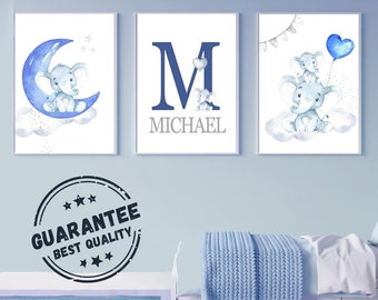 Set 3 affiches Personnalisée Cadeau de Naissance - Triptyque Eléphant Bleu - Décoration Chambre Bébé Garçon