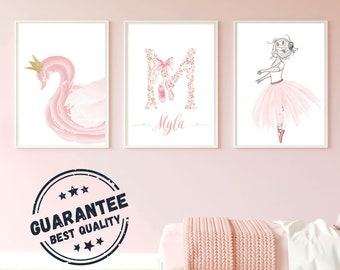 Set 3 affiches Personnalisée - Cadeau de Naissance - Triptyque Motif Danseuse, Cygne - Décoration Chambre Bébé ou Enfant Fille