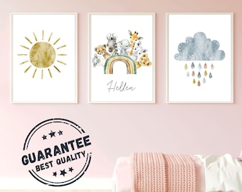 Rainbow Poster - Baby and Child Room Wall Decoration Set of 3 with Personalized First Name - Birth Gift with First Name