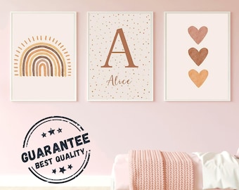 Set 3 Personalized Posters Boho Style Baby Room Decoration Terracotta Rainbow Birth Poster - Initial and Triple Heart