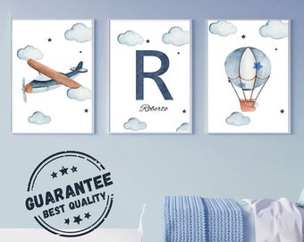 Set van 3 vliegtuigen, wolk en gepersonaliseerde voornaamposters - geboortecadeau - wanddecoratie - babykamerdecoratie voor jongens