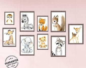 Children's Room Poster - Forest and Jungle Animal Theme Illustration - Baby Room Decoration - Lion, Elephant, Giraffe