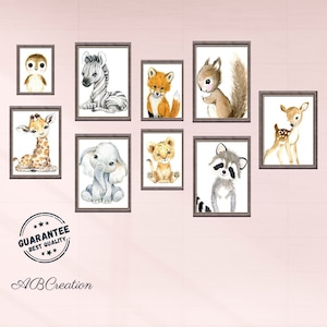 Póster Habitación Infantil - Ilustración temática de animales del bosque y la selva - Decoración habitación bebé - León, Elefante, Jirafa