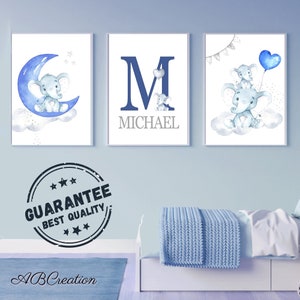 Set 3 carteles Regalo Nacimiento Personalizado - Tríptico Elefante Azul - Decoración Habitación Bebé Niño