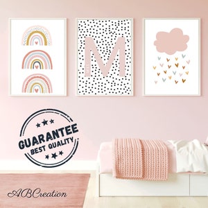 Set 3 Pósteres de Nacimiento Personalizados Estilo Boho Decoración Habitación Bebé Tríptico Arco Iris Nube Terracota Rosa - Nombre e Inicial
