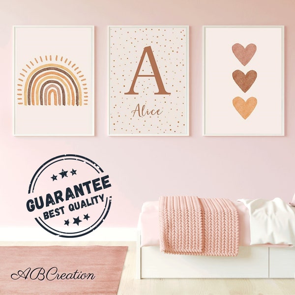 Set 3 affiches Personnalisées Style Boho Décoration Chambre Bébé Affiche de Naissance Arc-en-ciel Terracotta - Initiale et Triple Cœur