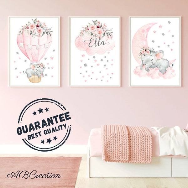 Set 3 Elephant Posters - Personalized Birth Gift - Triptych Baby Girl Room Decoration - Moon and Pink Hot Air Balloon