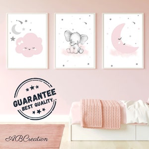 Set 3 posters Personalized Birth Gift - Triptych Baby Girl Room Decoration - Moon Cloud Star