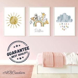 Póster de arcoíris, decoración de pared para habitación de bebé y niño, juego de 3 con nombre personalizado, regalo de nacimiento con nombre