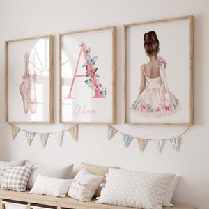 Decoración Habitación Infantil Tema Danza - Set de 3 Pósters con Nombre Personalizado - Bailarina Mariposa - Tríptico Bailarina Personalizada