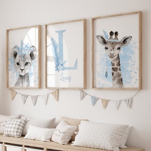 Safari Baby Room Decoration - Set of 3 Personalized Posters with First Name - Boy Birth Gift - Savanna Animals Triptych