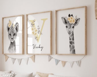 Savanna Baby Room Decoration - Set 3 Personalized Posters - Birth Gift - Lion Giraffe Elephant Zebra with Yellow Flower Crown